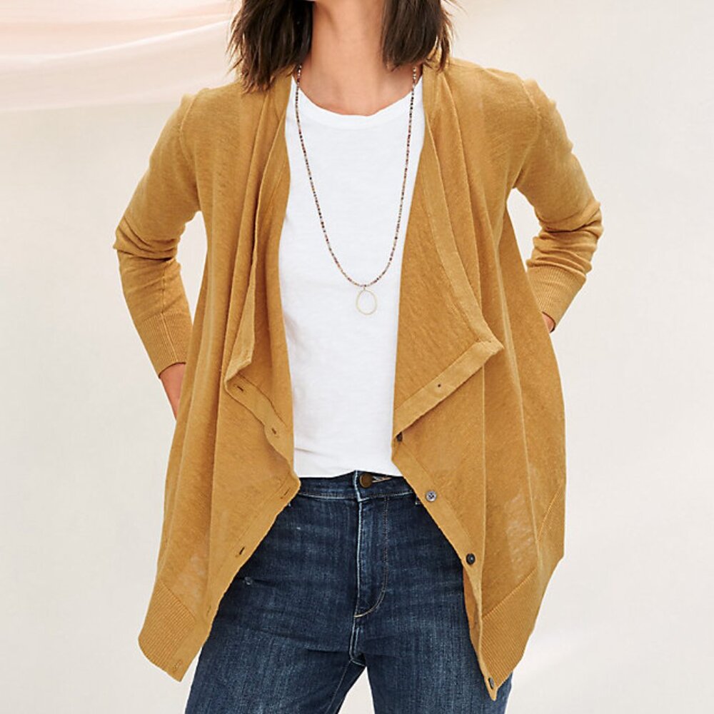 GARNET HILL S Gold Organic-Linen Modern Drape Cardigan Button Up Cascading